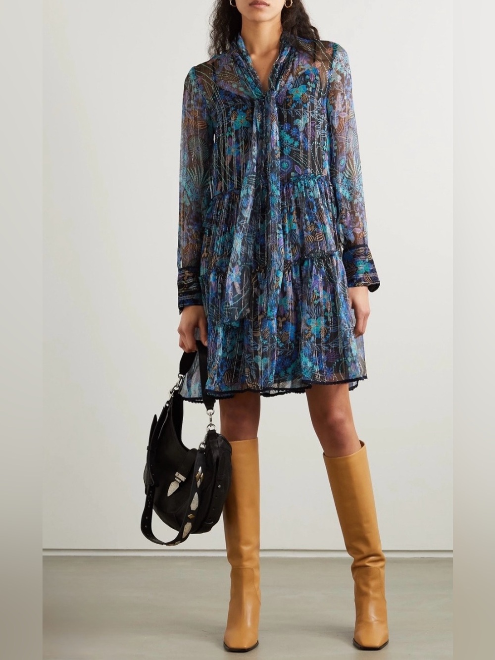 See by CHLOE Multicolor Floral Paisley Print SILK Chiffon Tiered Mini Dress Sz M